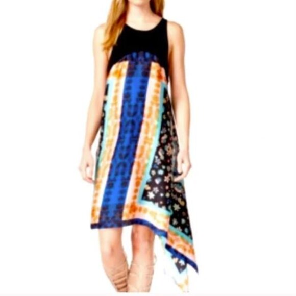 RACHEL ROY Asymmetrical Handkerchief Dress Boho Floral Stripe Midi 2X Sleeveless - Picture 1 of 11
